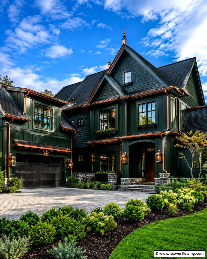 Unique Copper Highlights - 30 Stunning Dark Green Exterior House Designs for Curb Appeal