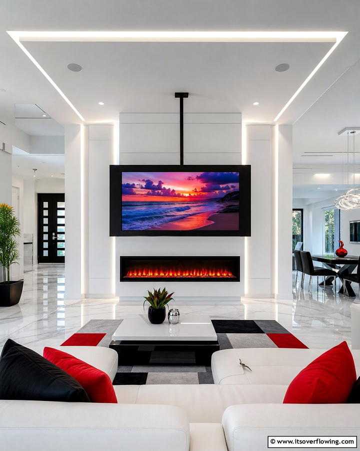 Until Inspired Electric Fireplace with Suspended TV Design - 30 Electric Fireplace Ideas With TV Above for Cozy Spaces