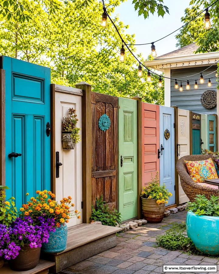 Upcycled Door Panel Fence - 30 Cheap Privacy Fence Ideas- Affordable Outdoor Seclusion