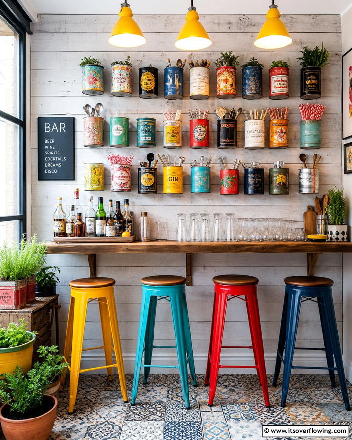 Upcycled Tin Can Bar - 30 Budget-Friendly Home Bar Ideas for Entertaining