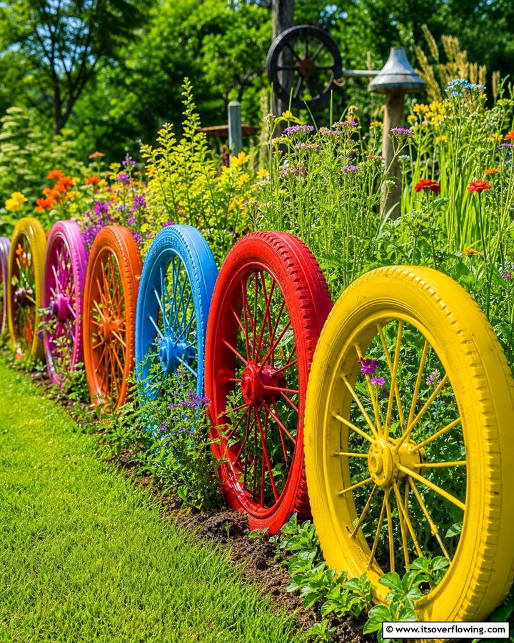Upcycled Wheel Edging - 20 Recycled Garden Edging Ideas for an Eco-Friendly Yard