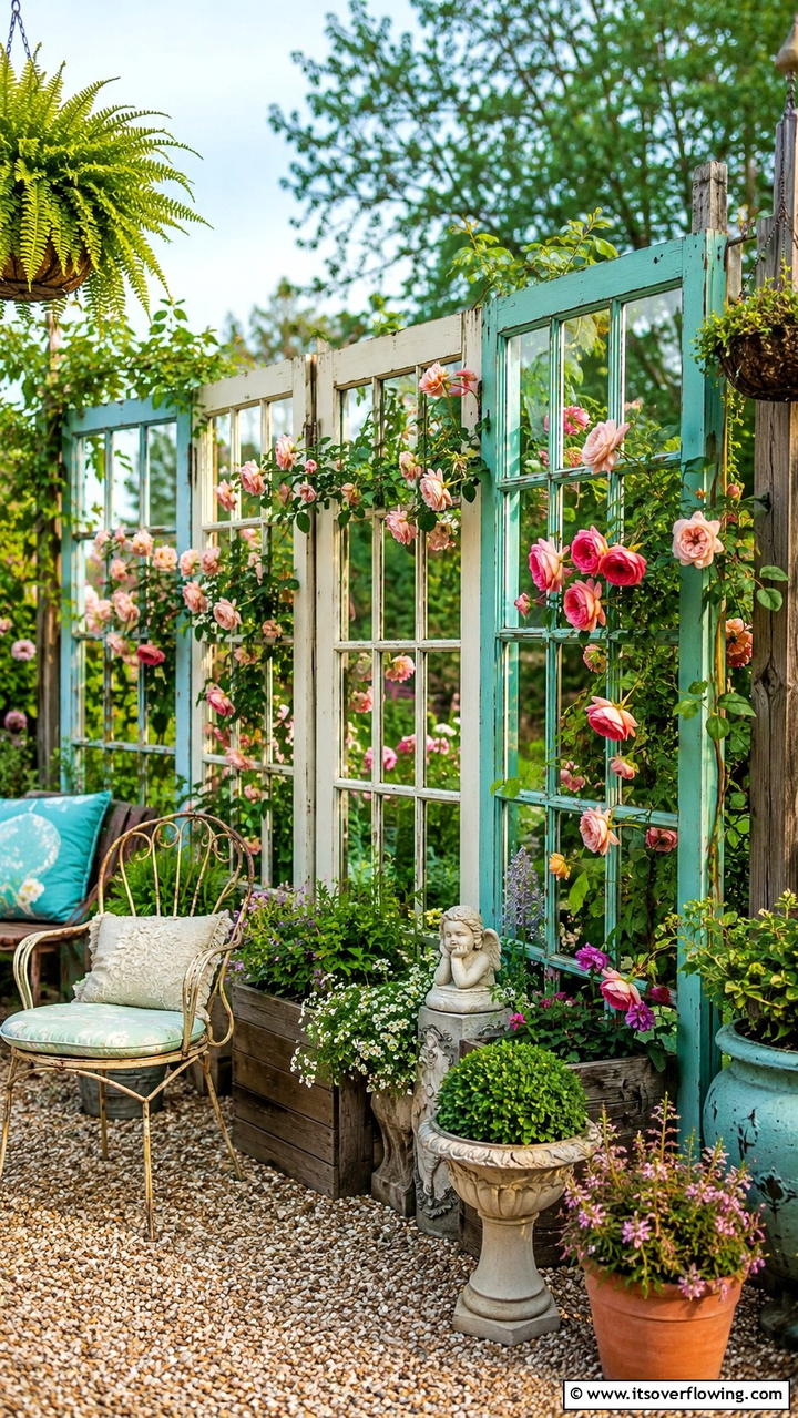 Upcycled Window Garden Divider - 30 Garden Divider Ideas for Functional Outdoor Spaces
