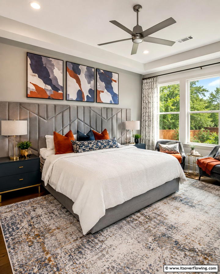 Upholstered Grey Headboard with Geometric Patterns - 25 Elegant Grey Headboard Bedroom Ideas for a Calm Space