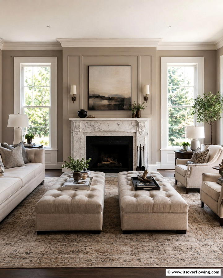 Upholstered Ottoman Seating - 25 Fireplace Seating Ideas to Cozy Up Your Living Room