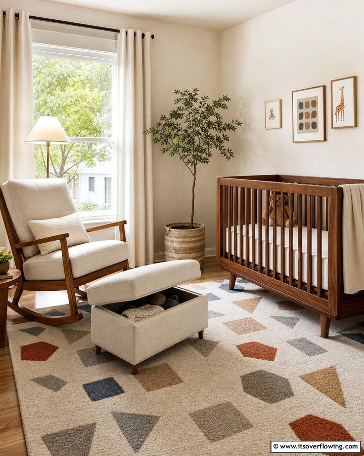 Upholstered Ottoman for Comfort - 20 Mid-century Modern Nursery Ideas for Stylish Kids