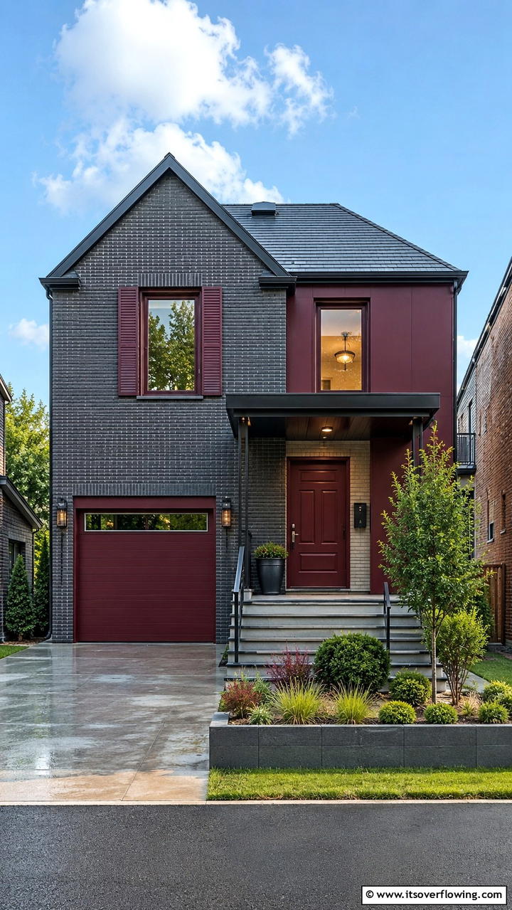 Urban Brick Gray with Bold Maroon Details - 30 Exterior Brick and Paint Color Combinations