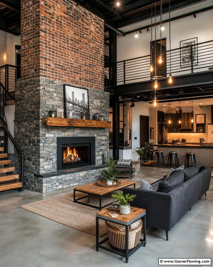 Urban Brick and Stone - 21 Rustic Stone Fireplace Designs for Cozy Living Rooms