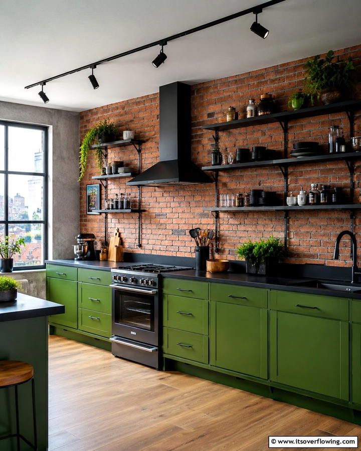 Urban Chic - 30 Green Kitchen Cabinets & Black Countertops Pairing Ideas