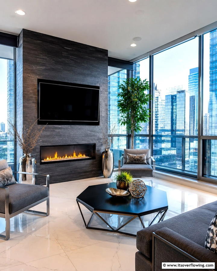 Urban Chic Sunroom with Sleek Fireplace Design - 30 Sunroom With Fireplace Ideas for Year-Round Comfort
