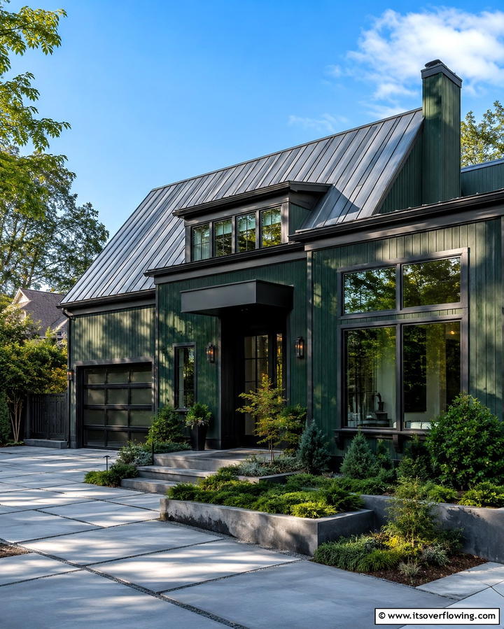 Urban Chic with Dark Green and Gray Accents - 30 Stunning Dark Green Exterior House Designs for Curb Appeal