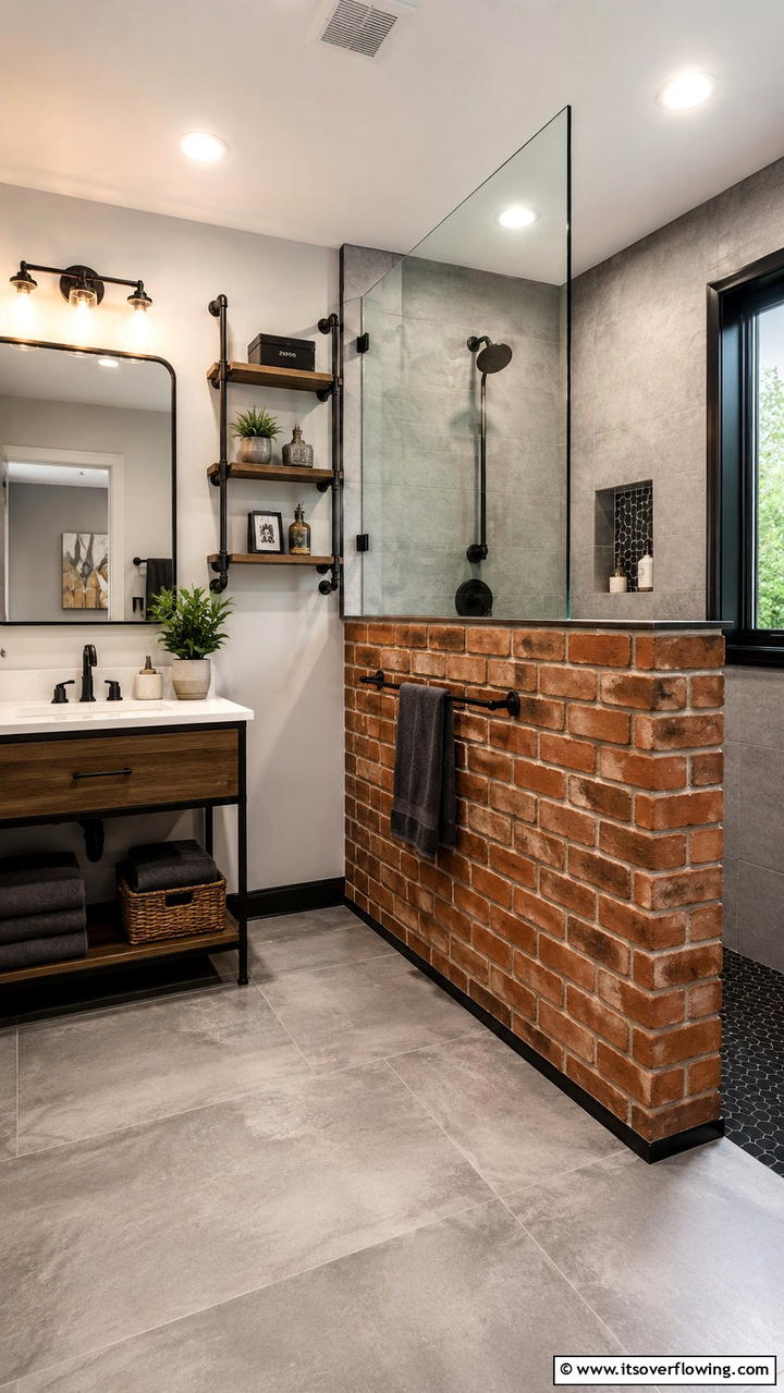Urban Chic with Exposed Brick - 30 Half-Wall Shower Ideas- Sleek Bathroom Design Solutions