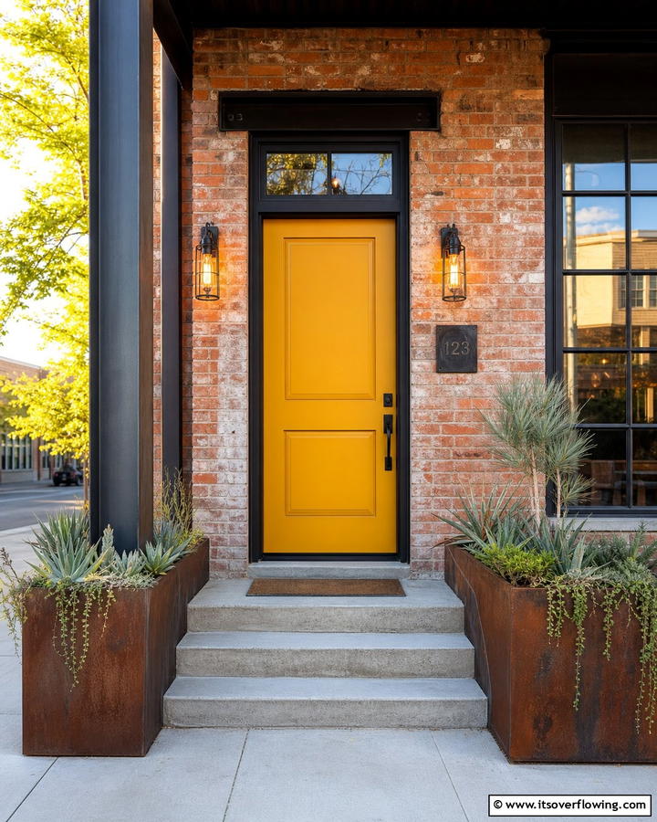 Urban Edge with Industrial Finishes - 20 Mustard Yellow Front Door Ideas for a Bold Entrance