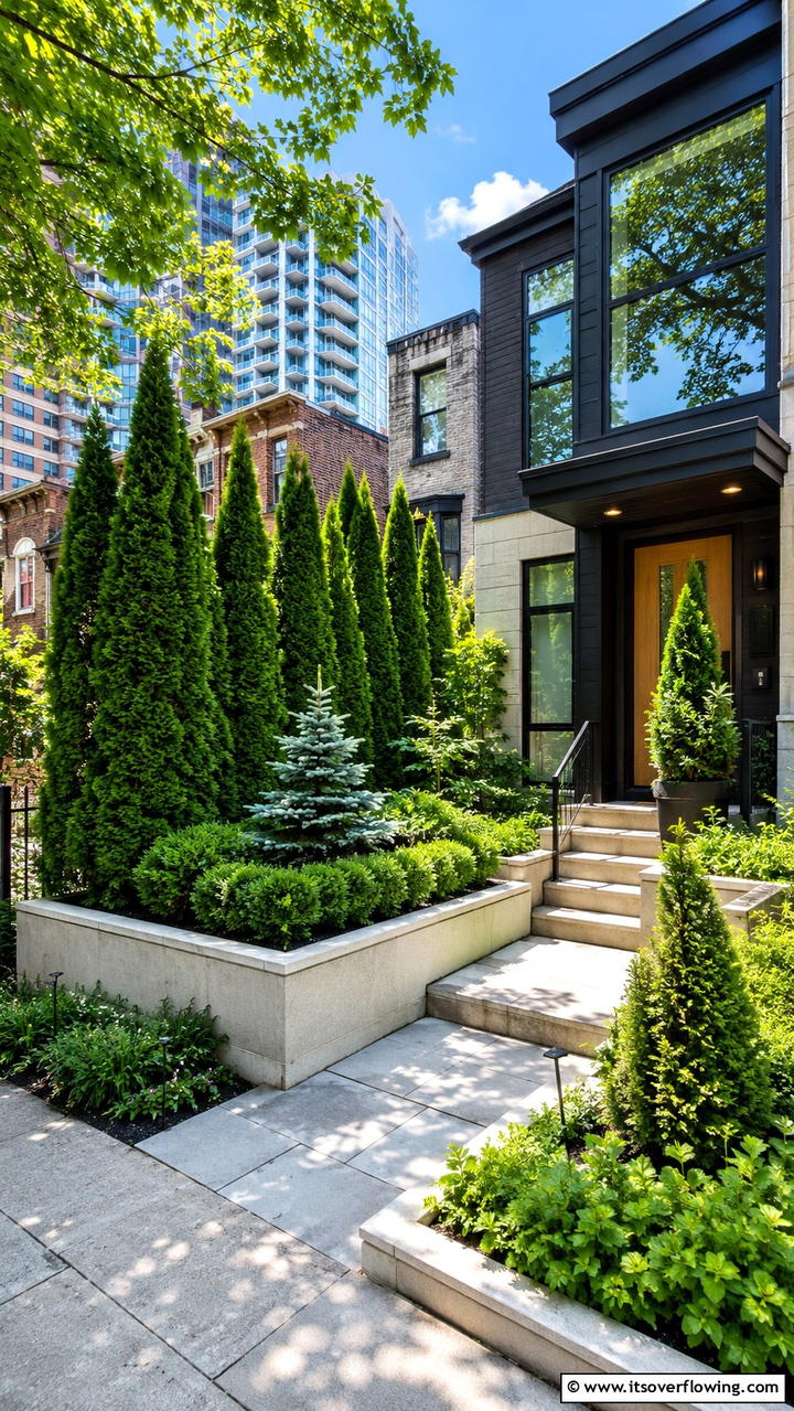 Urban Evergreen Sanctuary - 30 Front Yard Evergreen Landscaping Ideas for Year-Round Beauty