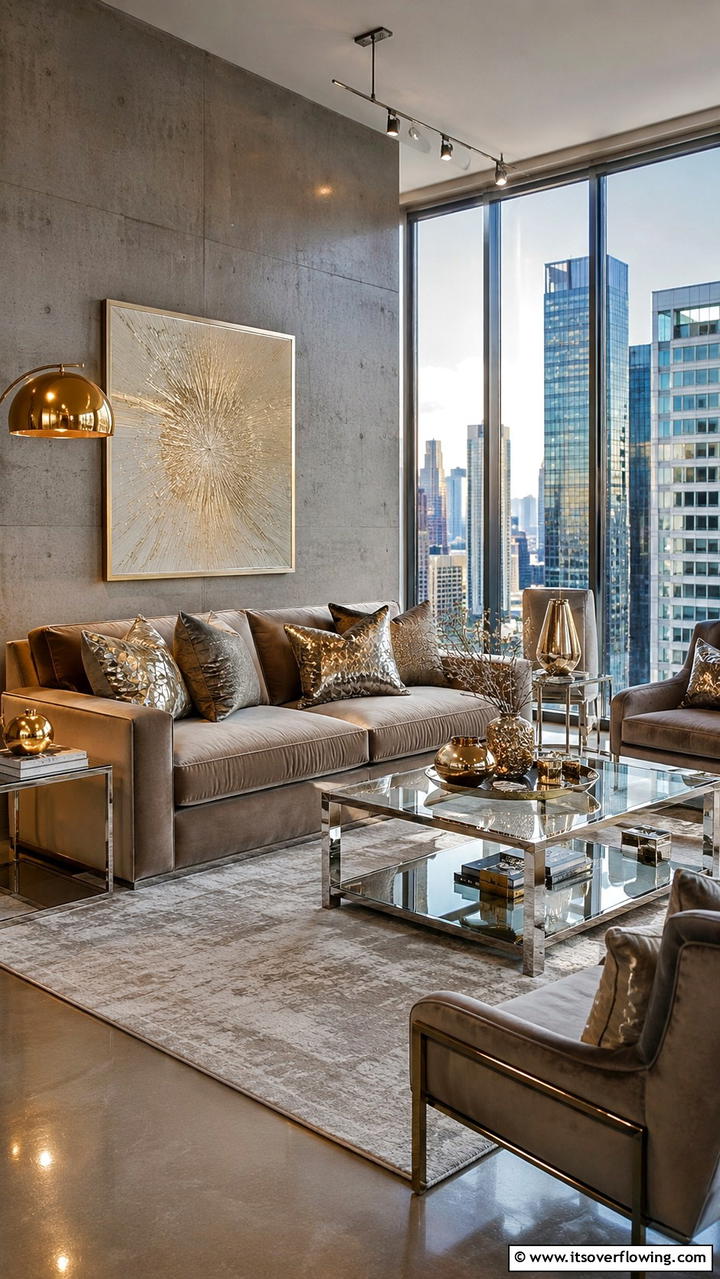Urban Greige with Metallic Accents - 30 Greige Living Room Ideas for Neutral & Warm Modern Spaces
