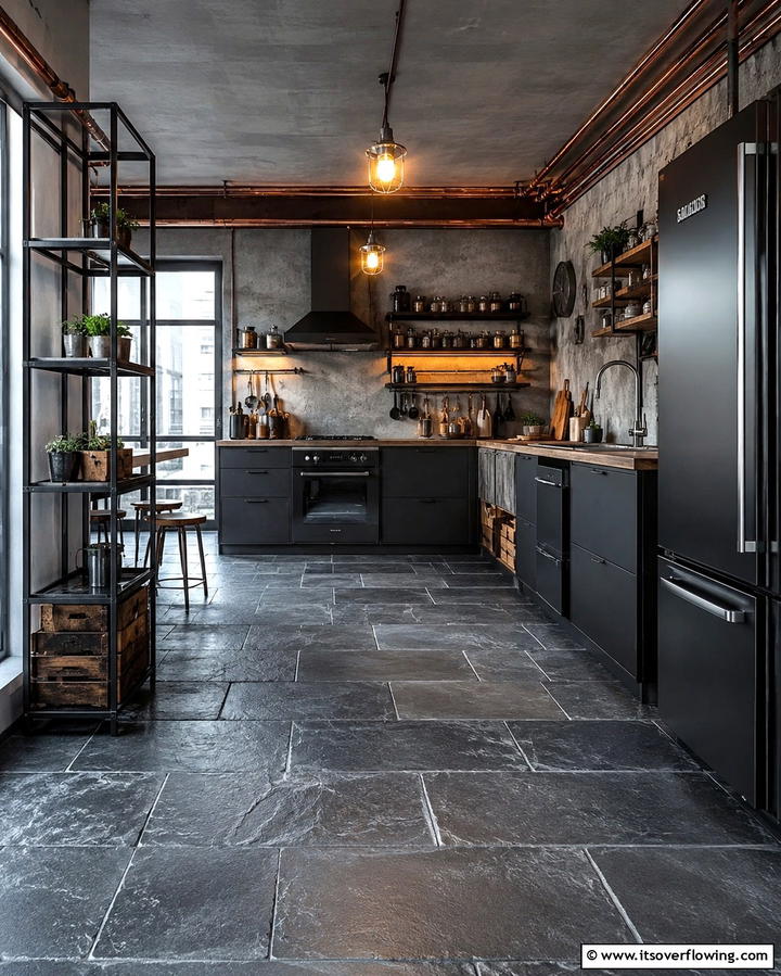 Urban Industrial Grey Kitchen - 30 Kitchens with Grey Floors- Sleek & Modern Flooring Ideas