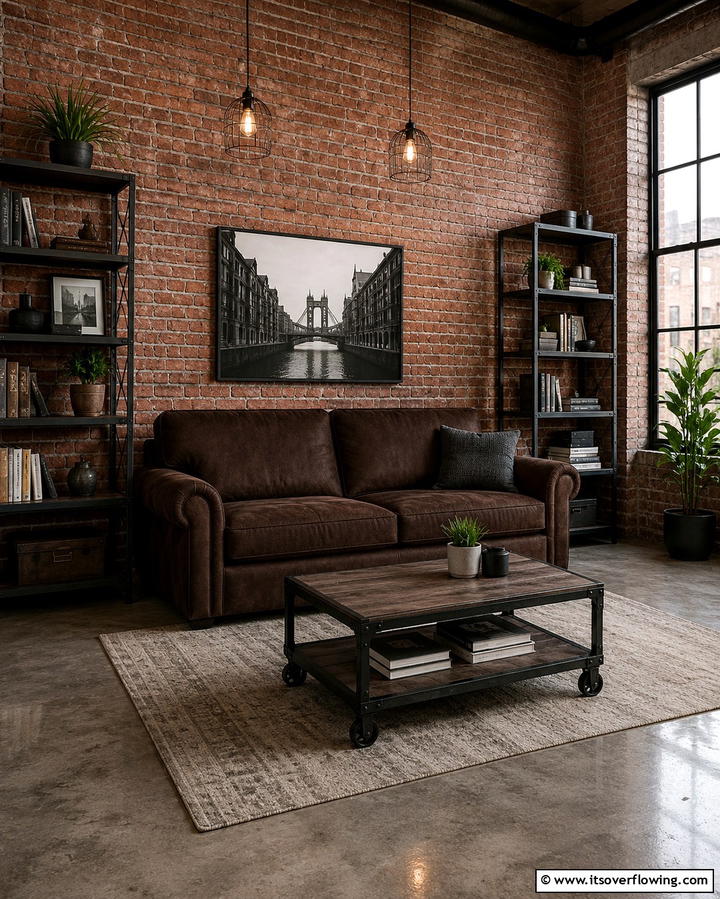 Urban Industrial Look - 30 Warm Dark Brown Couch Styling Ideas for Cozy Living Rooms