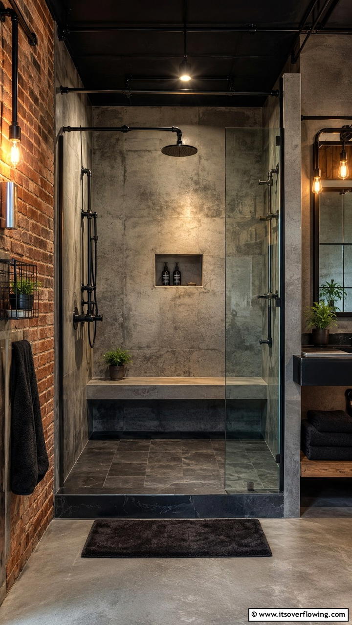 Urban Industrial Walk In Shower with Concrete Bench - 21 Walk-In Shower Ideas With Bench for Spa-Like Comfort