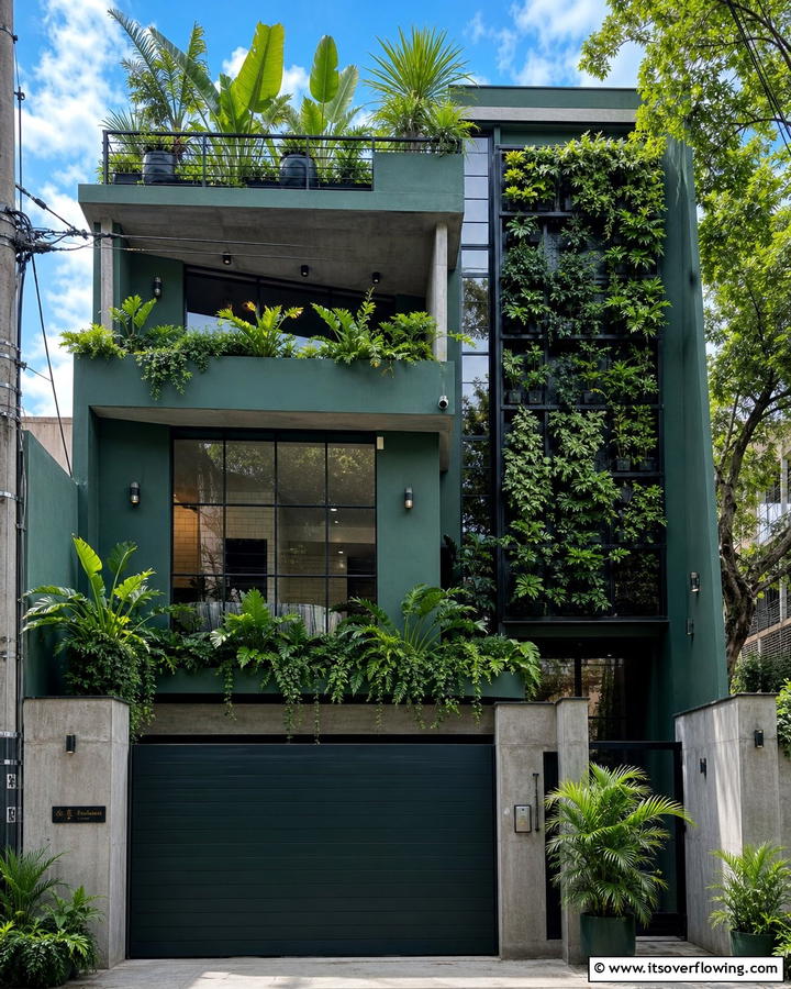 Urban Jungle Facade - 21 Dark Green Exterior Paint Color Schemes for Modern Homes