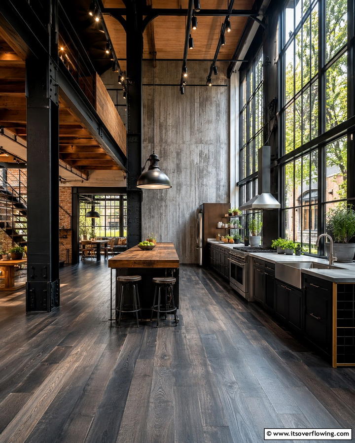 Urban Loft Kitchen with Industrial Flair - 30 Kitchens with Grey Floors- Sleek & Modern Flooring Ideas