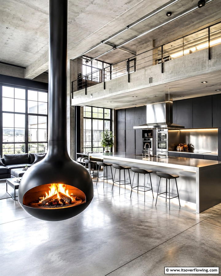 Urban Loft Kitchen with a Suspended Fireplace - 25 Kitchens With Fireplaces for a Unique Cooking Space