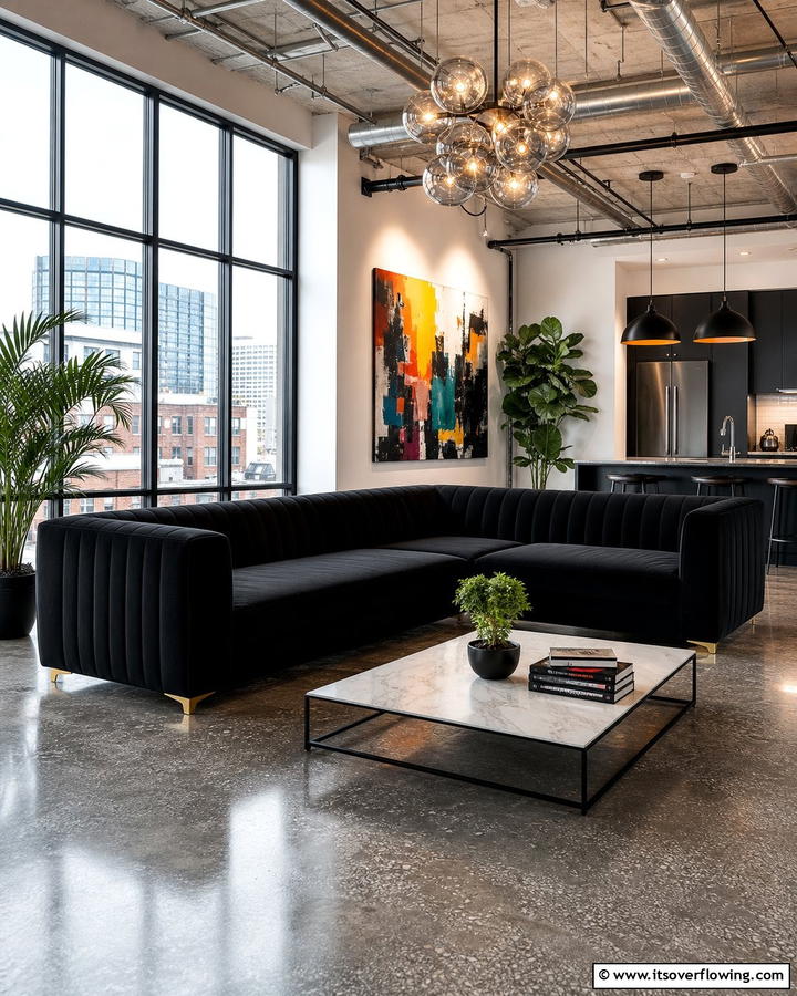 Urban Loft Vibes - 21 Living Room Ideas With Black Couches- Modern Style
