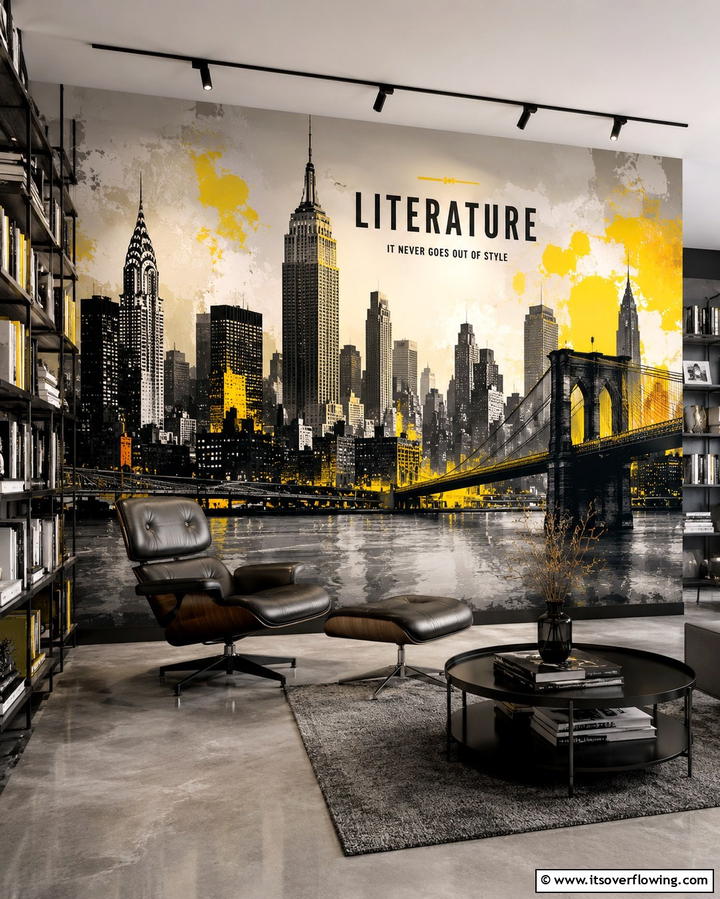 Urban Skyline and Modern Literature - 20 Library Murals to Inspire Your Next Home Project