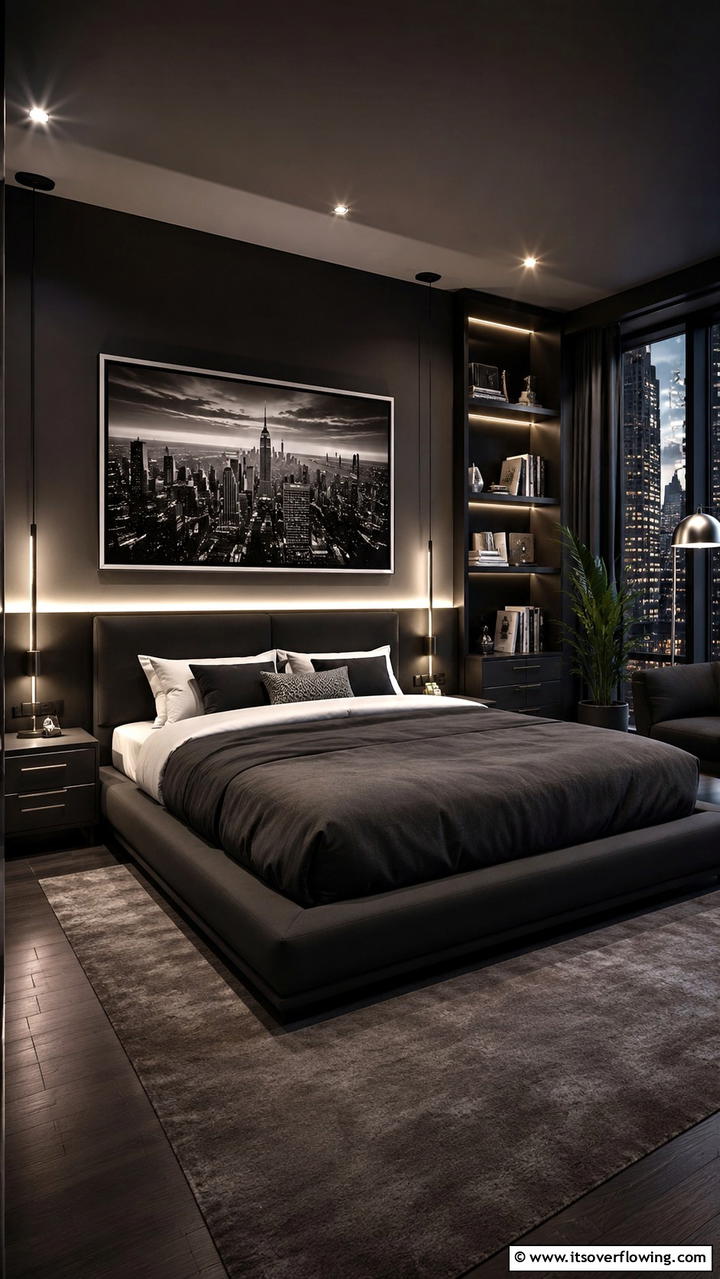 Urban Sophistication - 30 Dark Bedroom Ideas- Moody and Sophisticated Retreat