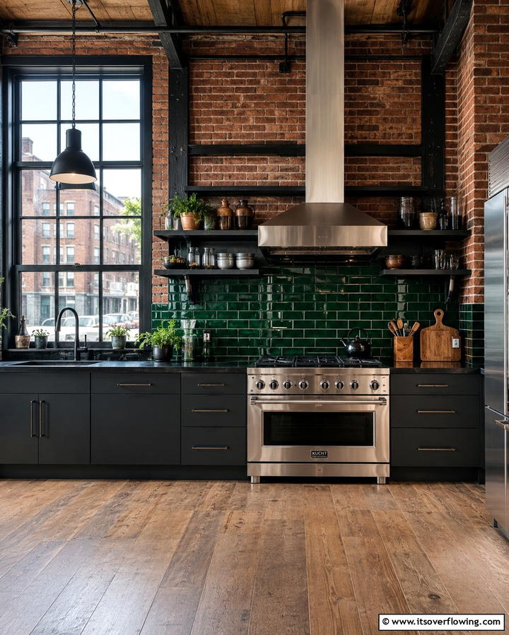 Urban Sophistication with Bottle Green Subway - 25 Chic Kitchen With Green Backsplash Ideas