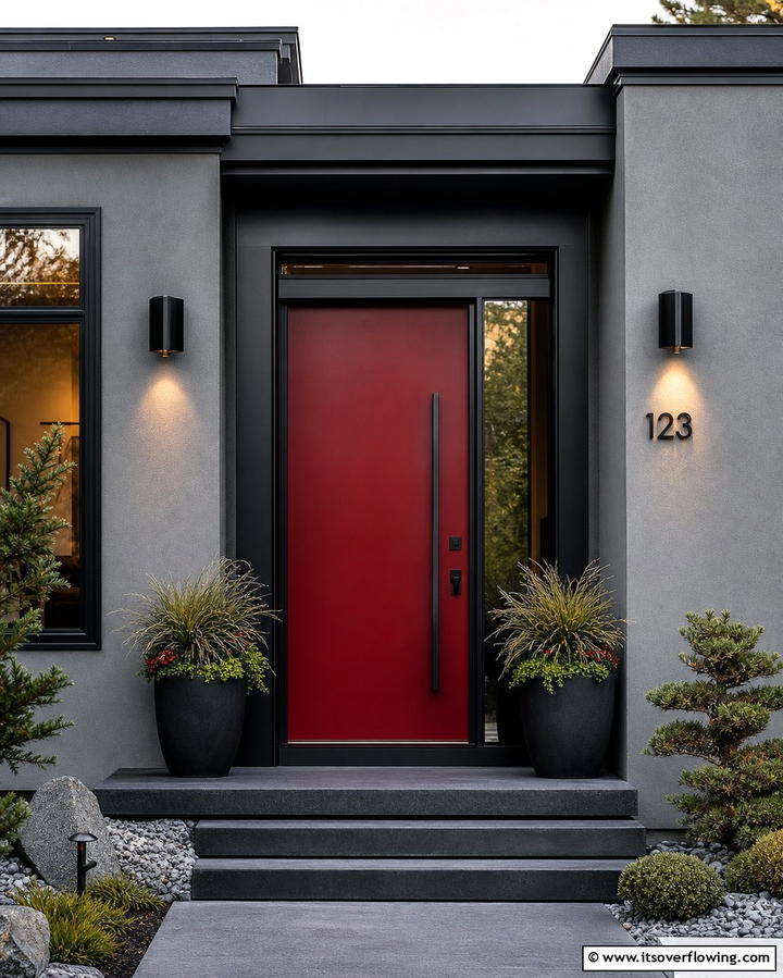 Urban Sophistication with Dark Red and Black Trim - 25 Dark Red Front Door Ideas for a Bold Entrance