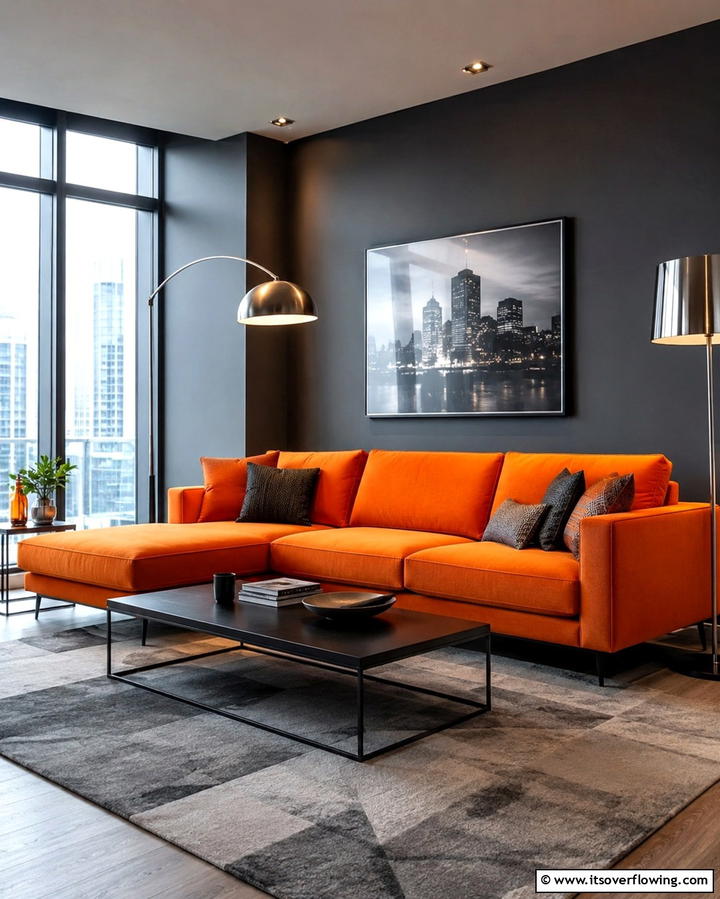 Urban Sophistication with Gray Accents - 25 Orange Couch Living Room Ideas for a Vibrant Space