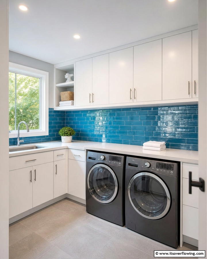 Use Blue Glass Backsplash - 25 Blue Laundry Room Ideas for a Fresh and Clean Look