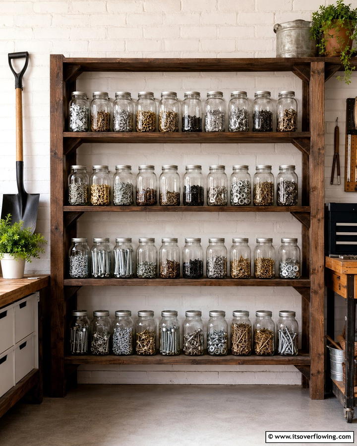 Use Clear Jars for Small Hardware - 25 Shed Organization Ideas to Declutter Your Outdoor Space