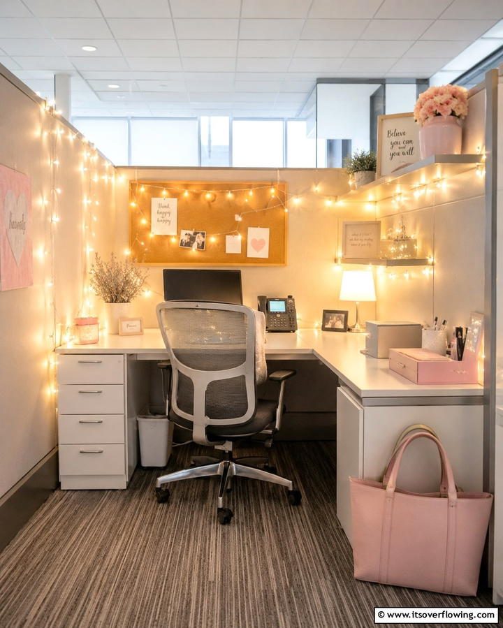 Use Decorative String Lights - 25 Cubicle Decor Ideas to Personalize Your Workspace