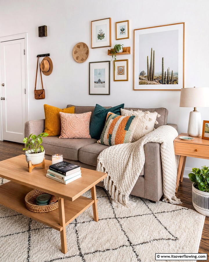 Use Decorative Throw Pillows - 25 Budget Apartment Living Room Ideas for Small Spaces