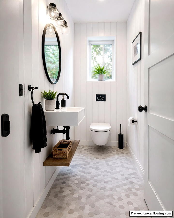 Use Geometric Patterns - 30 Small White Bathroom Ideas to Brighten Compact Spaces