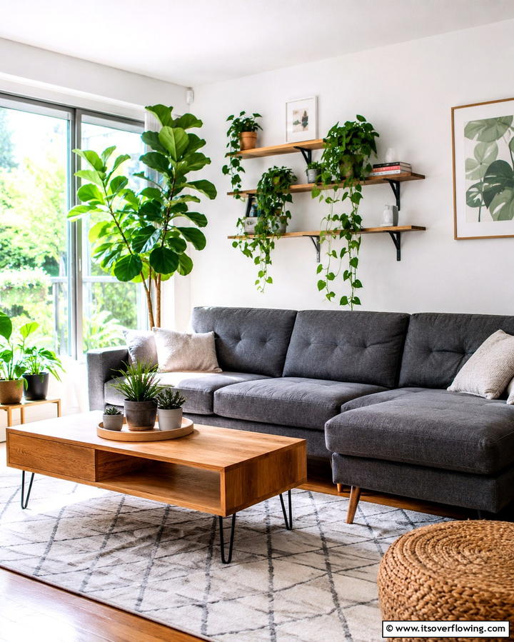 Use Greenery for Freshness - 30 Grey Couch Living Room Styling Ideas for Cozy Spaces