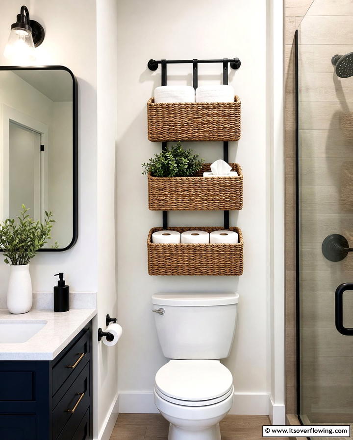 Use Hanging Storage Baskets - 25 Guest Bathroom Ideas for a Welcoming Space
