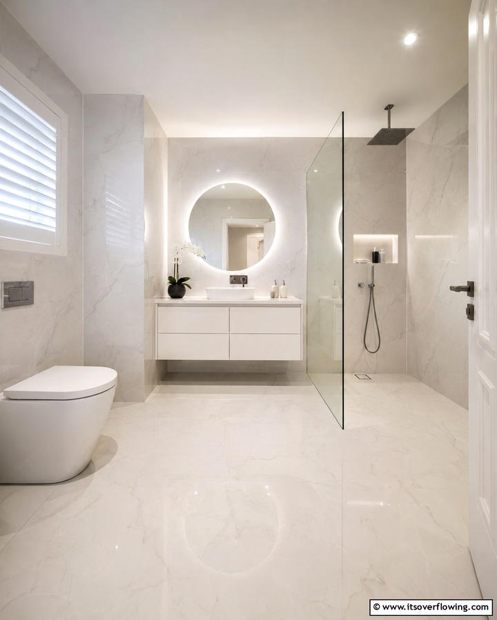Use Large Format Tiles - 30 Small White Bathroom Ideas to Brighten Compact Spaces