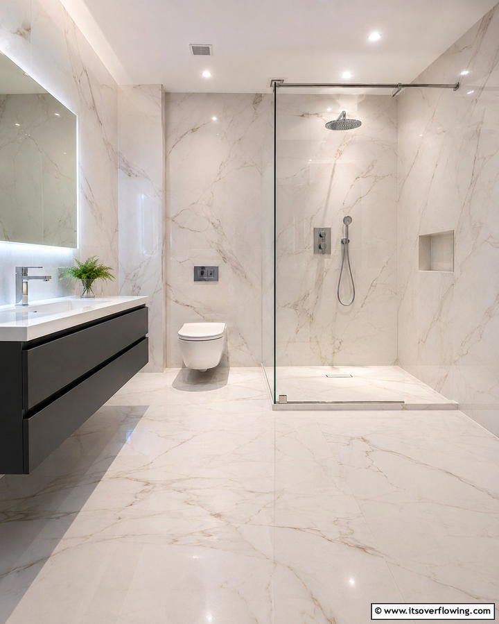 Use Large Scale Tiles - 20 Windowless Bathroom Ideas to Brighten Up Your Space