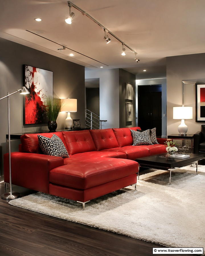 Use Layered Lighting - 25 Red Couch Living Room Ideas to Make a Statement