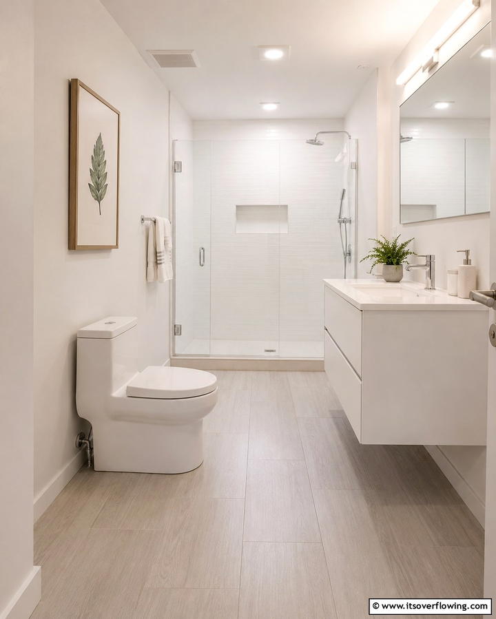 Use Light Colored Flooring - 30 Small White Bathroom Ideas to Brighten Compact Spaces