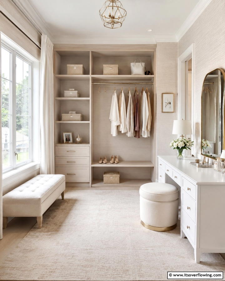 Use Light Neutral Colors for Walls and Furniture - 25 Small Dressing Room Ideas to Organize Your Wardrobe
