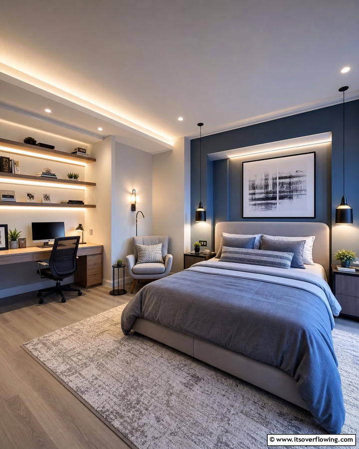 Use Lighting to Highlight Different Areas - 20 L-shaped Bedroom Layout Ideas for Optimal Space Use