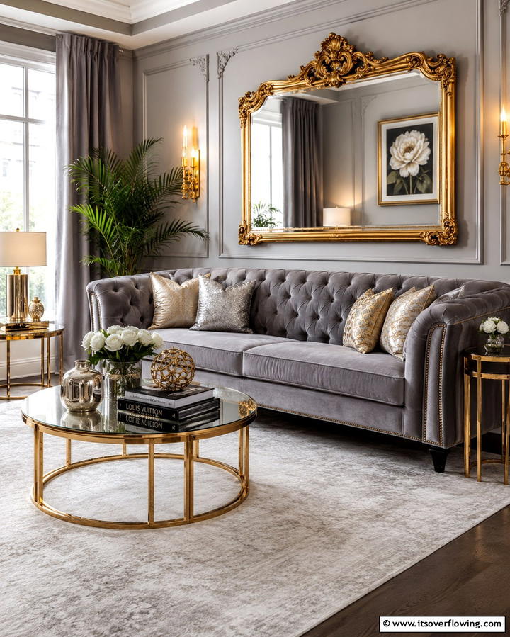 Use Metallic Accents for a Glamorous Touch - 30 Grey Couch Living Room Styling Ideas for Cozy Spaces