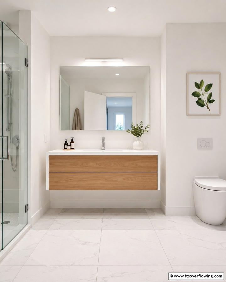 Use Minimalist Fixtures - 30 Small White Bathroom Ideas to Brighten Compact Spaces