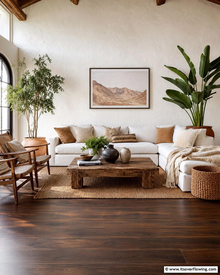 Use Natural Materials for Decor - 25 Dark Brown Floor Living Room Ideas for Warmth