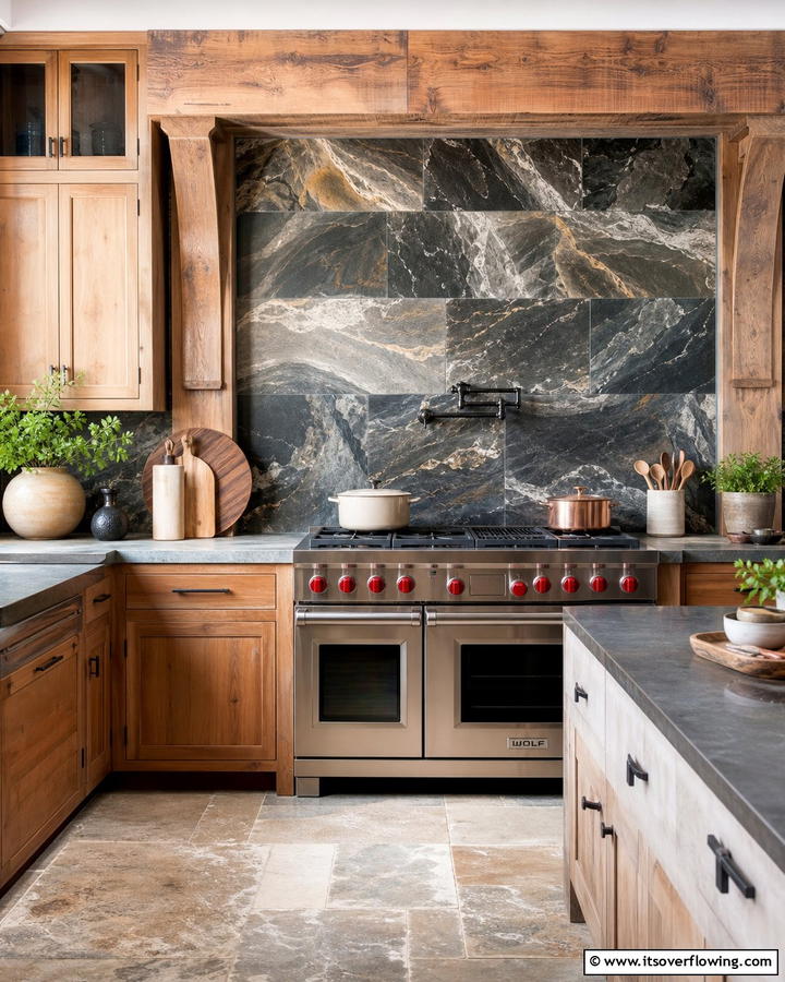 Use Natural Stone Backsplashes - 20 Natural Kitchen Design Ideas for a Warm Feel