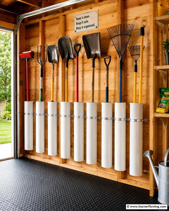 Use PVC Pipes for Tool Storage - 25 Shed Organization Ideas to Declutter Your Outdoor Space
