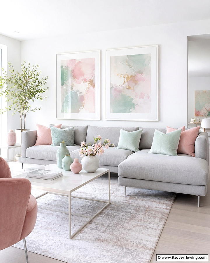 Use Pastel Accents for a Soft Look - 30 Grey Couch Living Room Styling Ideas for Cozy Spaces