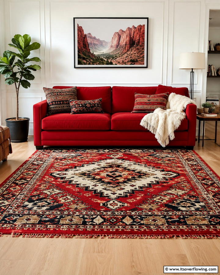 Use Patterned Rugs - 25 Red Couch Living Room Ideas to Make a Statement